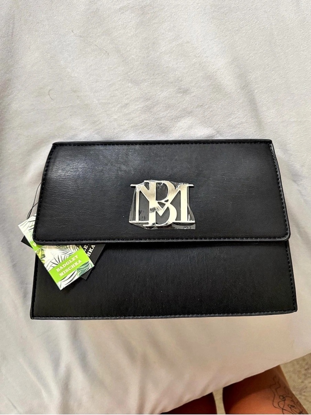 Badgley Mischka Black Clutch Crossbody Bag Silver Logo NWT